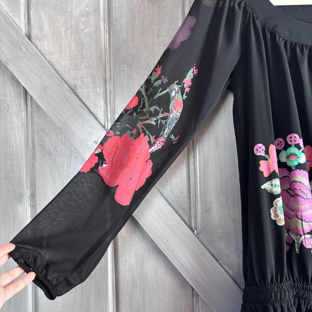 DESIGUAL Black Drop Waist‎ Flowy Dress Printed sleeves Size M - Picture 5 of 14